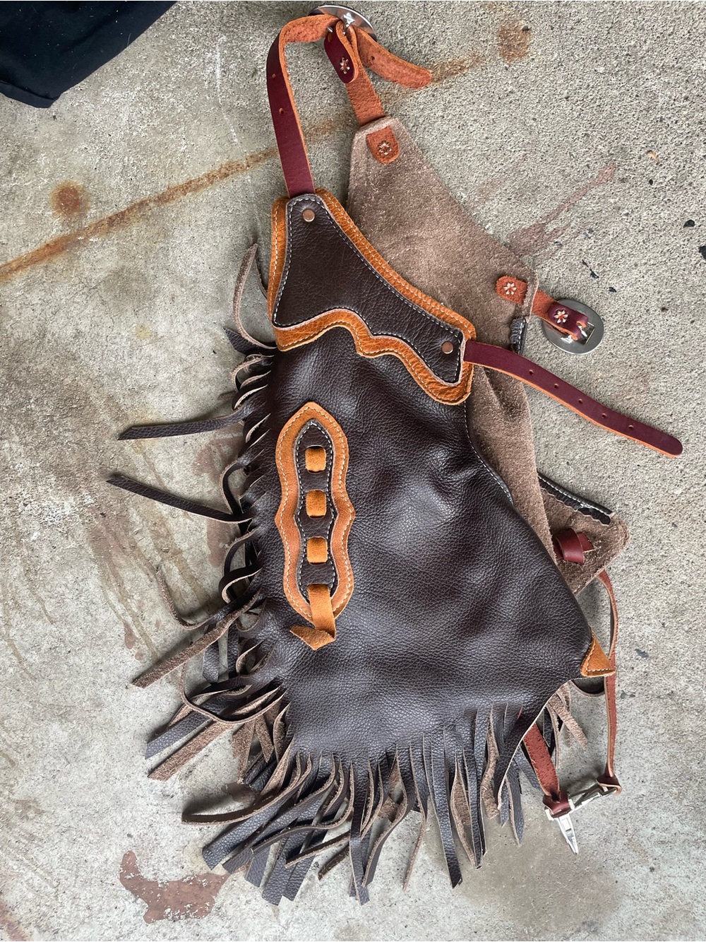 Men's Brown Leather Fringe Chaps with Tan Accents
